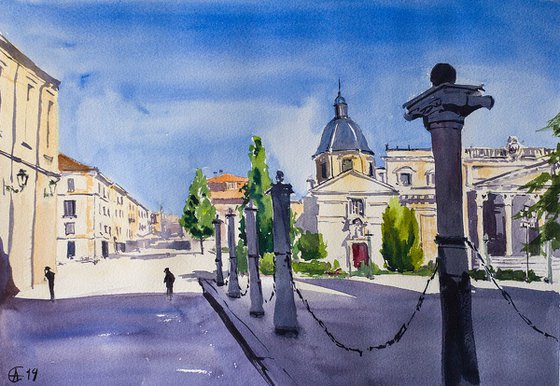 Salamanca, Spain. Original watercolor. Small painting travel street urban nature trip castilla y leon architecture gift shadow idea impressionistic