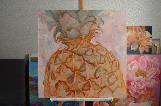 Golden Pineapple Fruite original oil painting large size canvas Pink Gold Emerald Ohre Light color nude