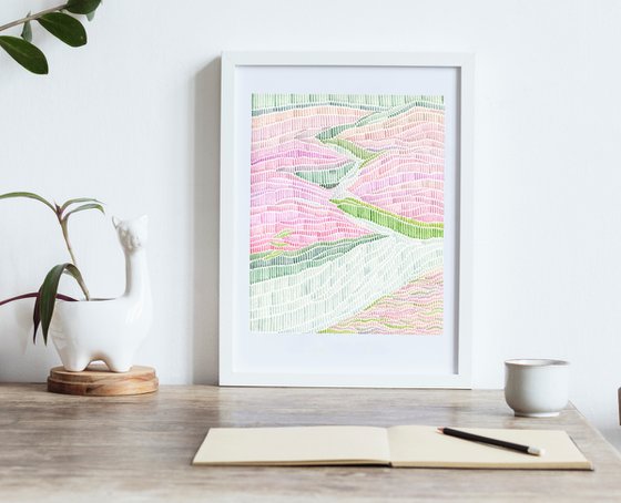 Abstract grass with pink flowers and water original style watercolor painting