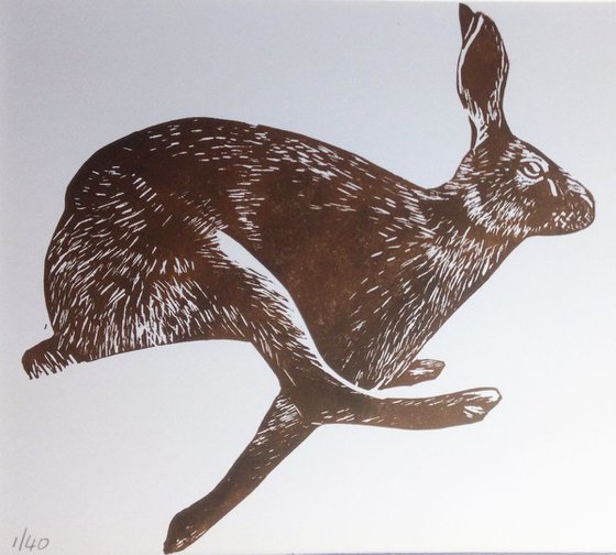 Running Hare Linocut, Printed in Brown, Mounted