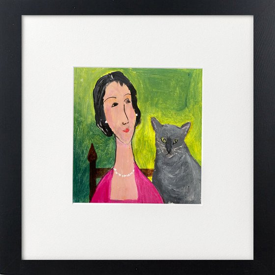 Woman grey cat framed