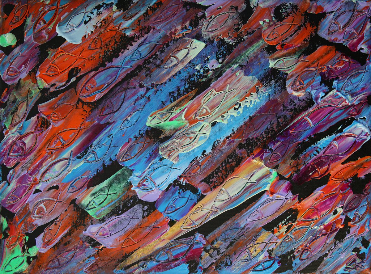 Naive Abstract Acrylic Painting By Denys Kuvaiev, 16 X 12, The Fish Went To Spawn, Original Artwork