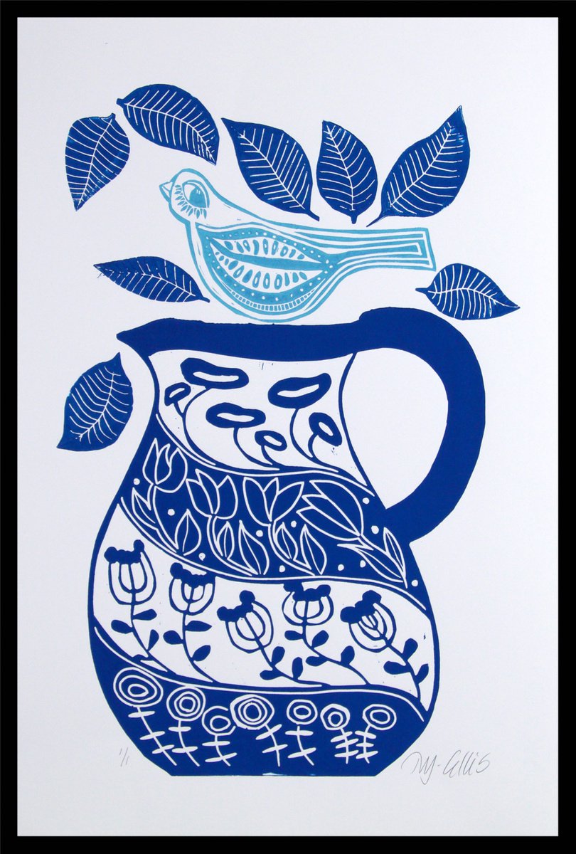 a Blue Jug, linocut by Mariann Johansen-Ellis
