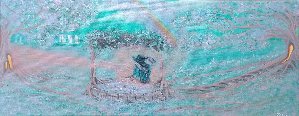 Surrealistic Landscape Acrylic Painting By Zoe Adams, 20 X 8", Wish Collector., Original Artwork