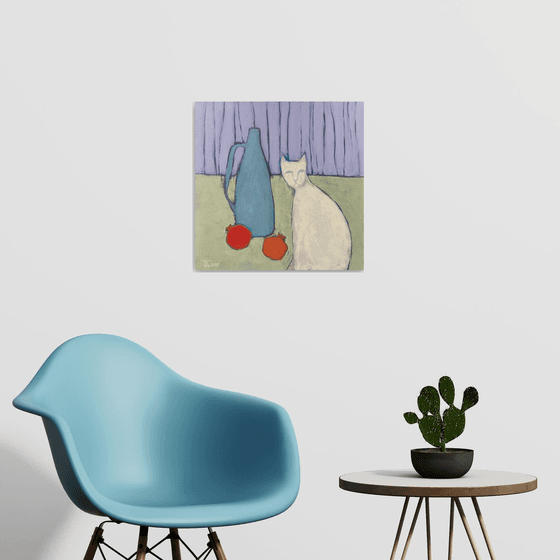 Still life and a white cat.
