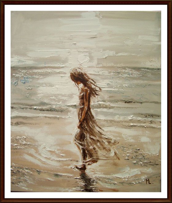 " WALKING ALONE ... " SEA original painting palette knife GIFT MODERN URBAN ART OFFICE ART DECOR HOME DECOR GIFT IDEA