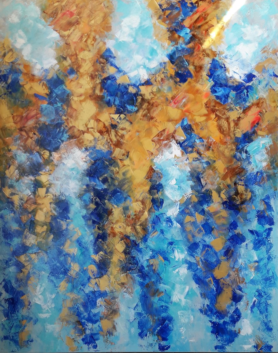 Golden Cappuccino Painting, Original Artwork, Impasto Oil Painting, Ocean Blue Artwork, Un... by Kseniya Kovalenko