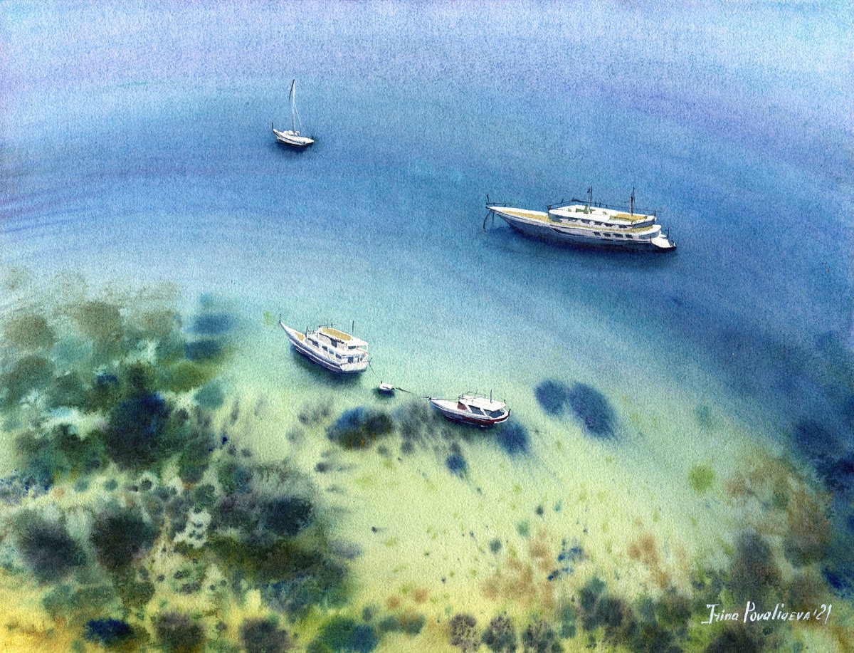 Boats in the ocean coastal artwork, beach wall art original watercolor painting , blue oc... by Irina Povaliaeva