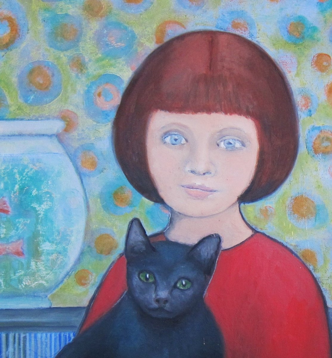 Impressionistic Portrait Oil Painting By Sophie Colmer-Stocker, 12 X 12", Girl With Her Cat, Original Artwork