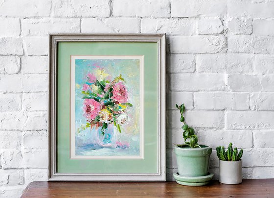 Roses Painting Original Art Floral Oil Painting Flower Bouquet Artwork Small Wall Art