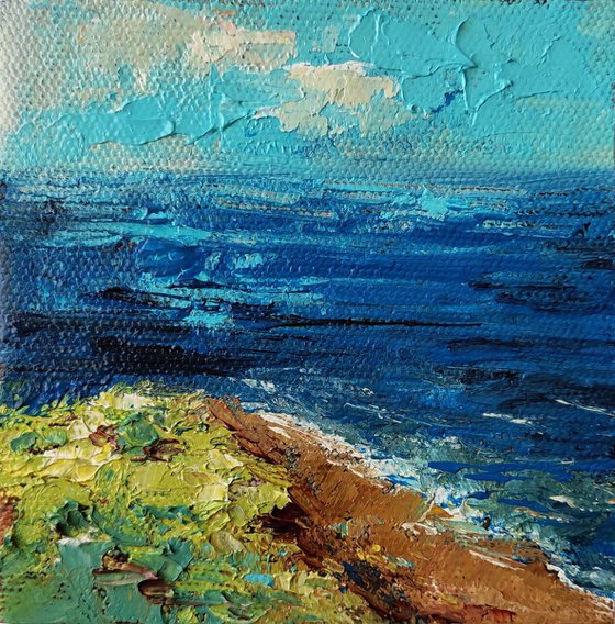 Ocean landscape art painting original 4x4, Abstract art landscape wall art mini painting, One of kind art gift