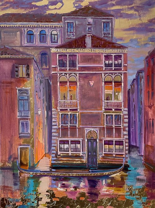 In the windows of Venice. Architecture and cityscape. Street of Venice. Venice oil painting. Big size by Mary Voloshyna