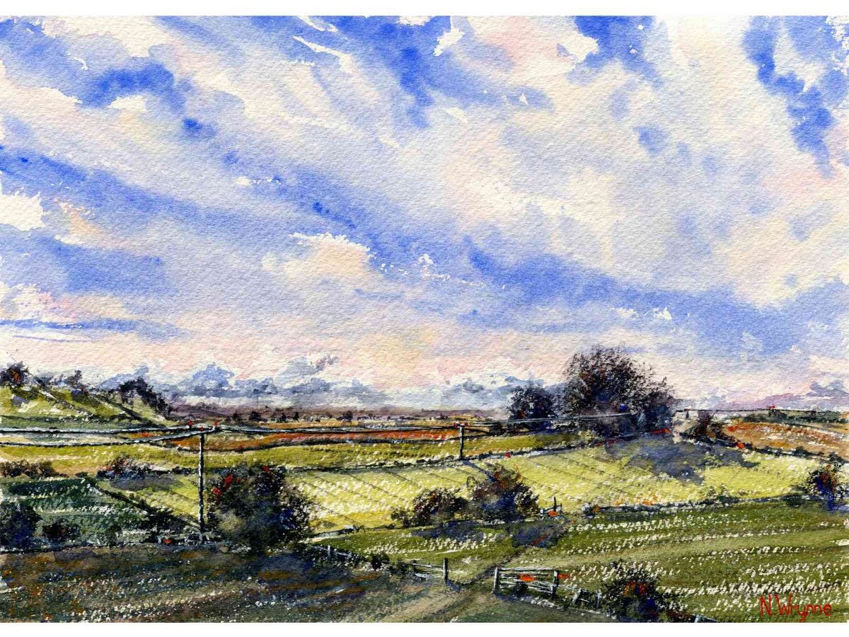 Impressionistic Landscape Watercolour By Neil Wrynne, 15 X 11", View Across The Fields, Original Artwork