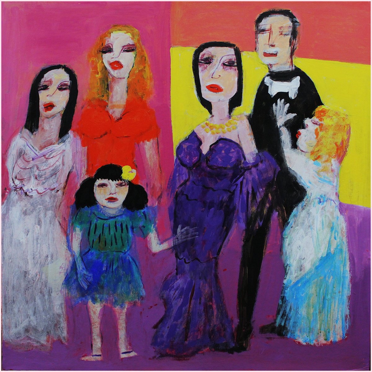 Expressive Portrait Acrylic Painting By Victorine Follana, 28 X 28", Gala Chez Les Kardashien, Original Artwork