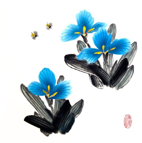 Blue sky irises and honey bees - Oriental Chinese Ink Painting by Ilana Shechter