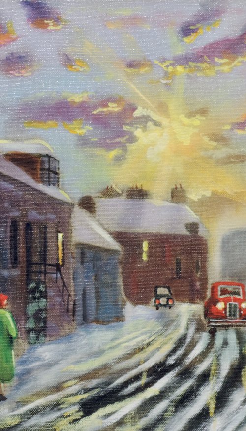 winter street scene red car (linen canvas) by Gordon Bruce