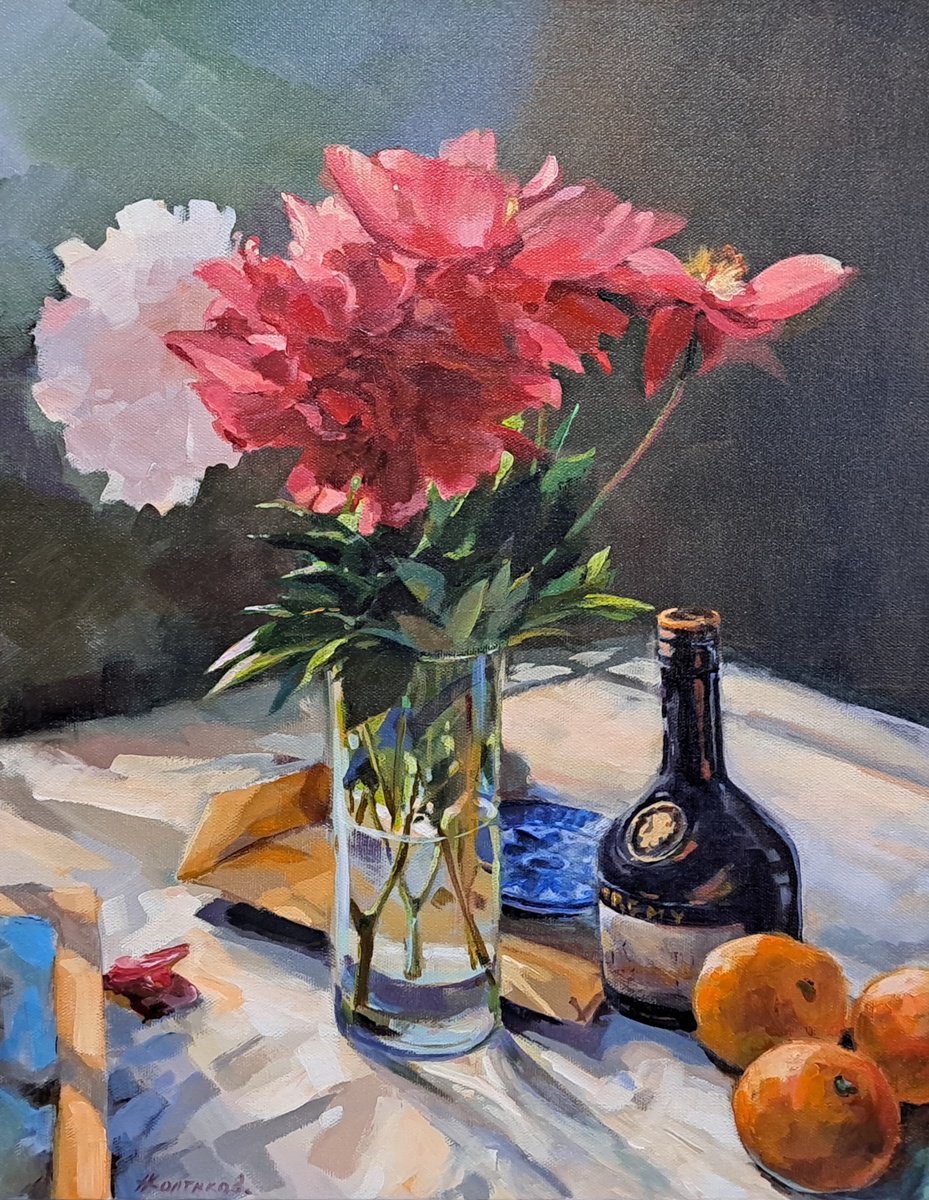 Impressionistic Botanical Acrylic Painting By Alexander Koltakov, 16 X 20, Peonies, Original Artwork