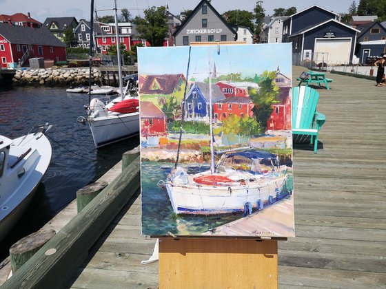 Shining boat (ocean bay, plein air) (16x20x0.7")