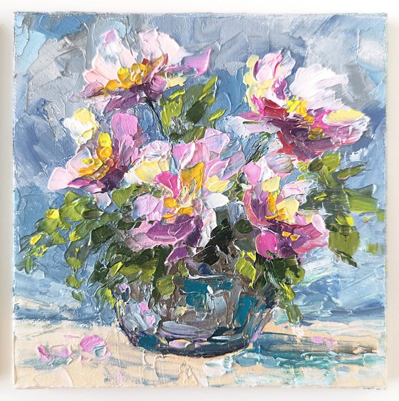Peony bouquet in vase. Impressionist flowers stilll life. Small floral artwork