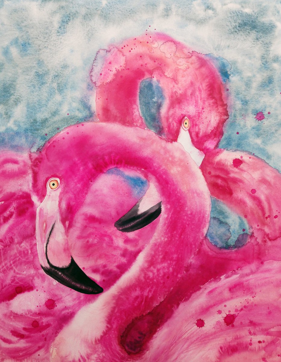 Two Pink Flamingos - Tropical birds - Valentines day gift - Flamingo Artwork by Olga Beliaeva Watercolour