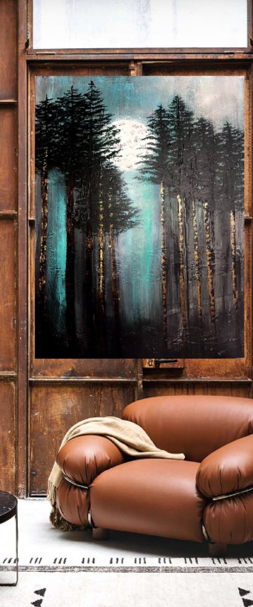 Moonlight deception  abstract pine forest painting by Henrieta Angel