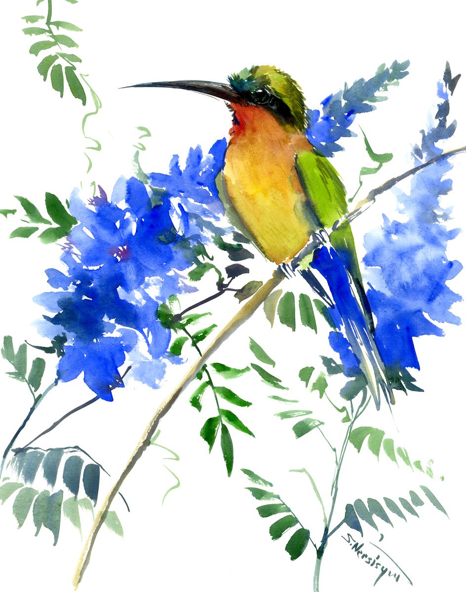 Bee Eater and Blue Flowers by Suren Nersisyan