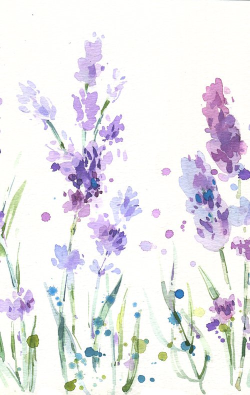 "Lavender sprigs in dotted drops. Expressive sketch" original watercolor illustration by Ksenia Selianko