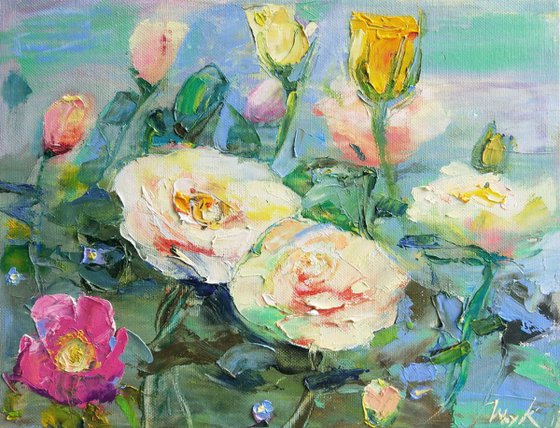 Roses and wild rose. Original oil painting (2018)
