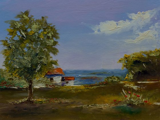 Small house in nature. Landscape oil painting