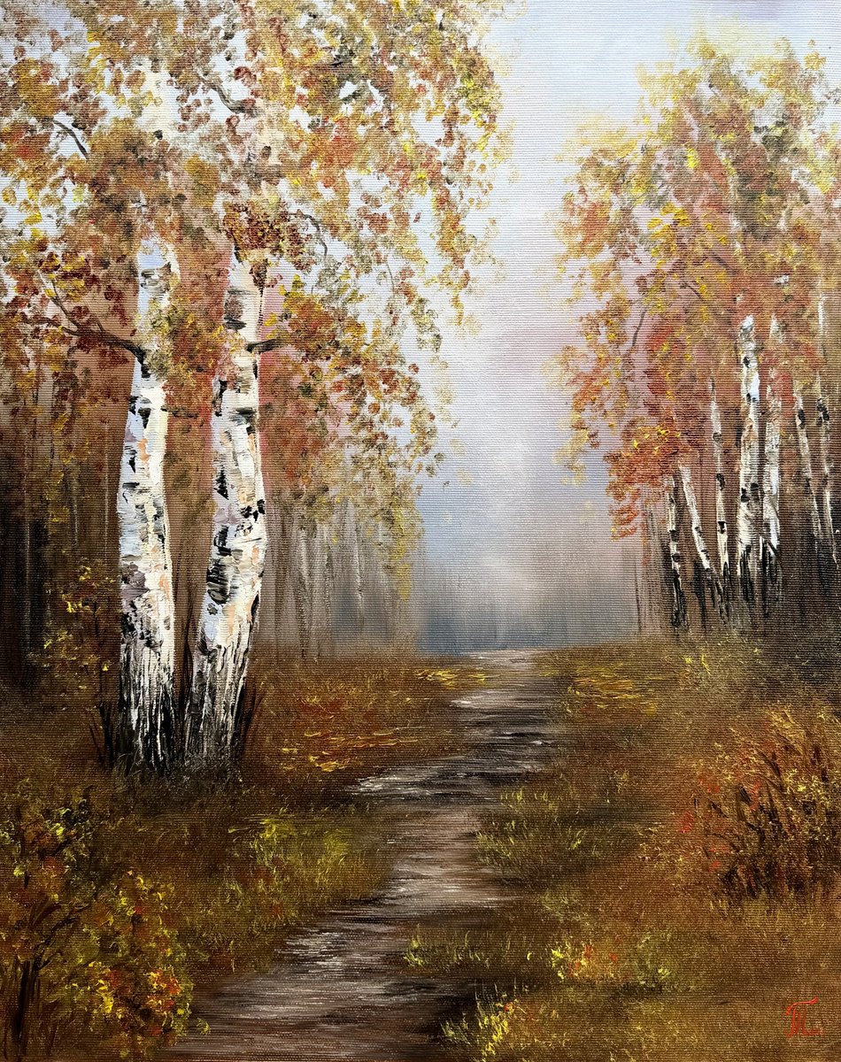 Impressionistic Landscape Oil Painting By Tanja Frost, 16 X 20", Golden Birches, Original Artwork