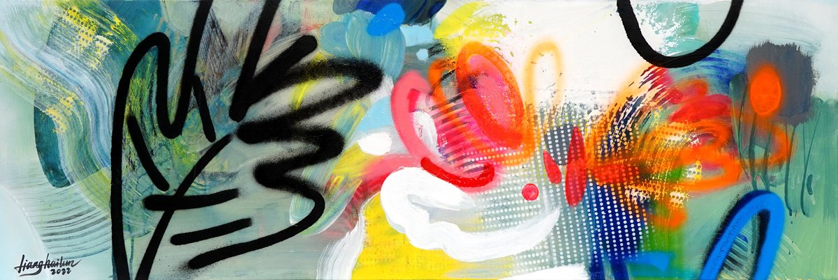 Abstract Acrylic Painting By Liang Hailun, 47 X 16", La Magie De La Nature N°3, Original Artwork