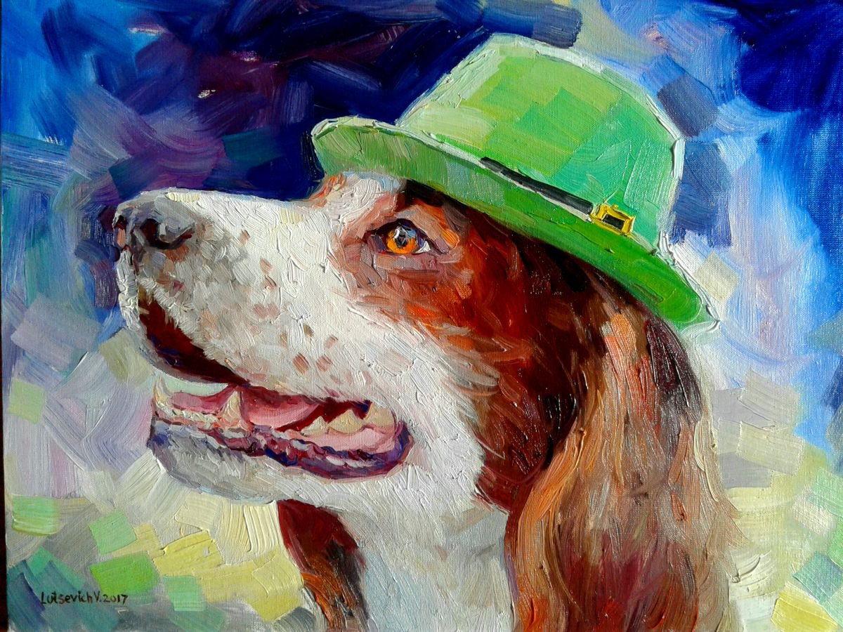Impressionistic Animal Oil Painting By Vladimir Lutsevich, 16 X 12", Dog In A Green Hat, Original Artwork