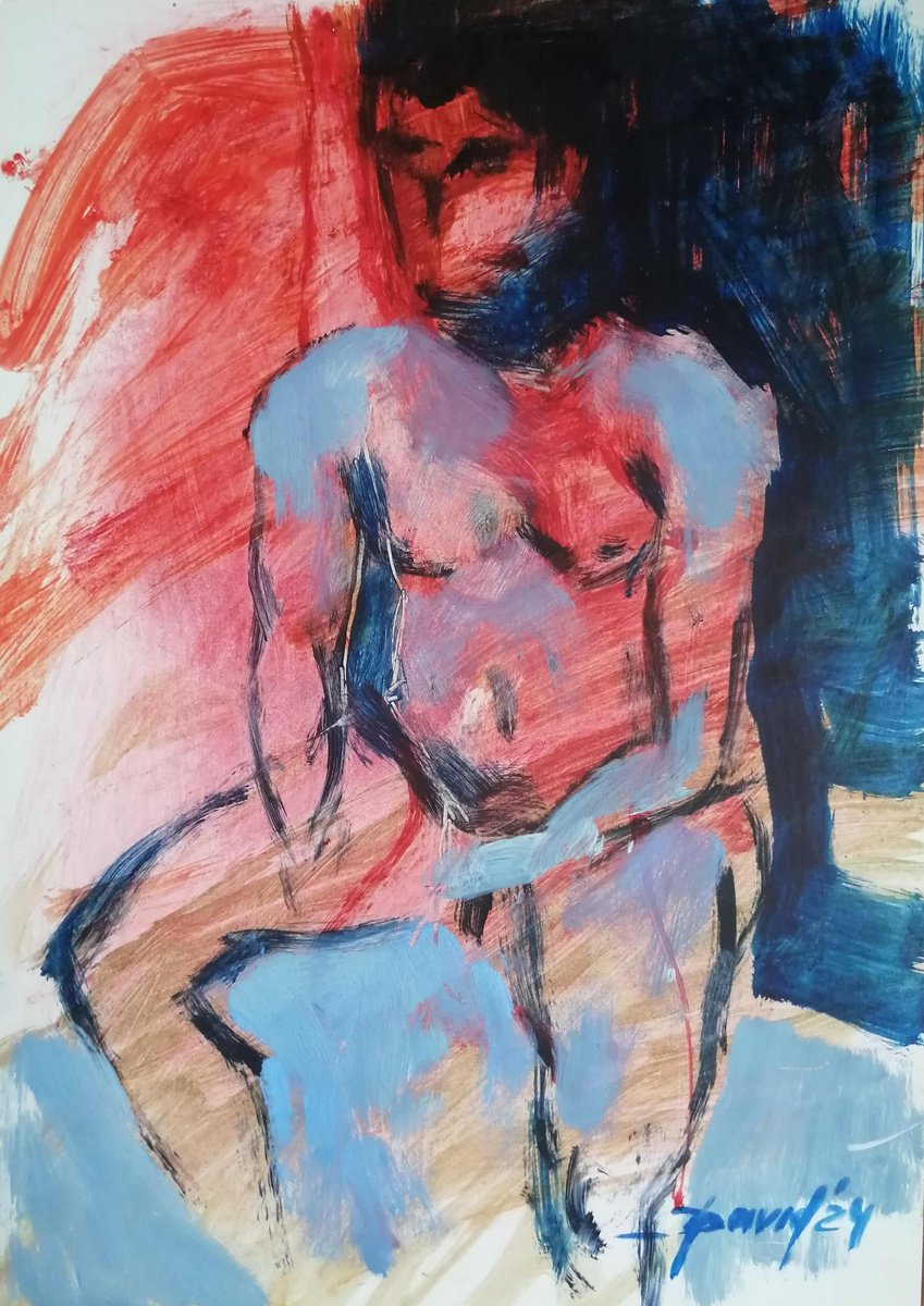 Male nude study oil on paper by Olga David