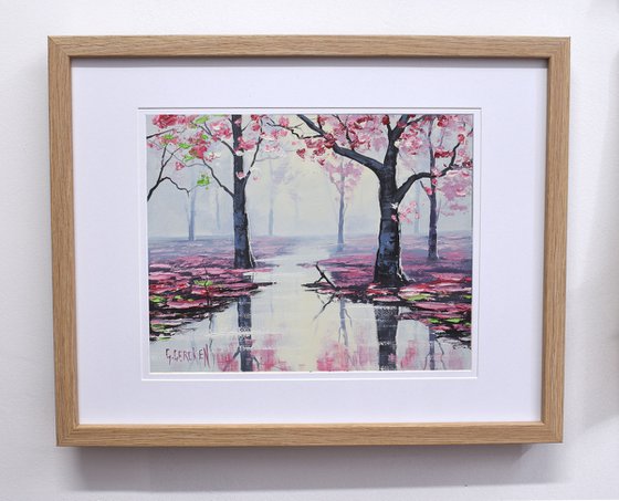 Pink blossom trees lake landscape