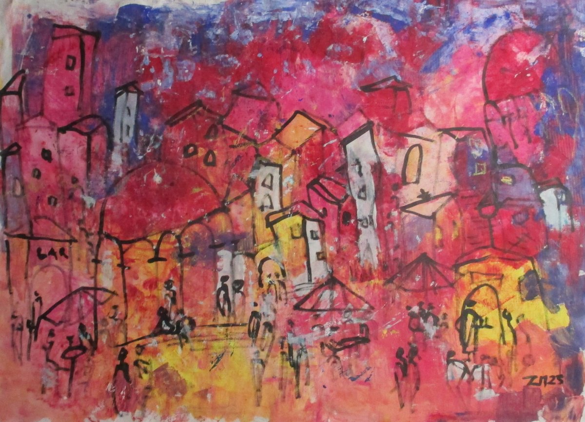 Expressive Cityscapes Acrylic Painting By Sonja Zeltner-Muller, 61 X 39", Red Italian City, Tuscany Xxl On Canvas, Not Stretched, Artfinder