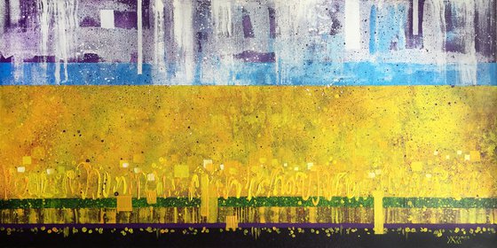 Rapeseed field. Abstract yellow painting