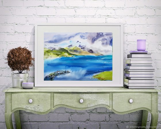 Watercolor landscape. Fjorda in Iceland.