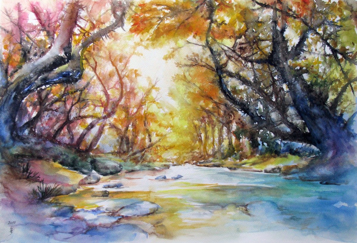 Impressionistic Landscape Watercolour By Szekelyhidi Zsolt, 19 X 13", Autumn Forest, Original Artwork