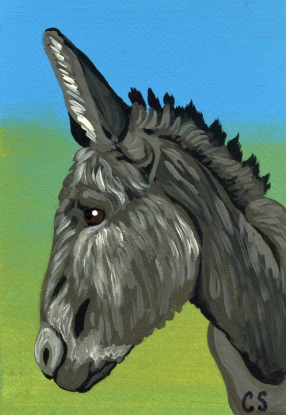 ACEO ATC Original Miniature Painting Donkey Farmyard Art-Carla Smale