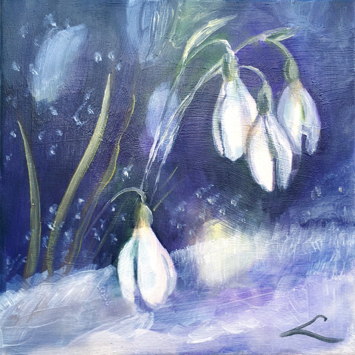 Impressionistic Botanical Oil Painting By Elena Sokolova, 12 X 12, Snowdrops 3, Original Artwork