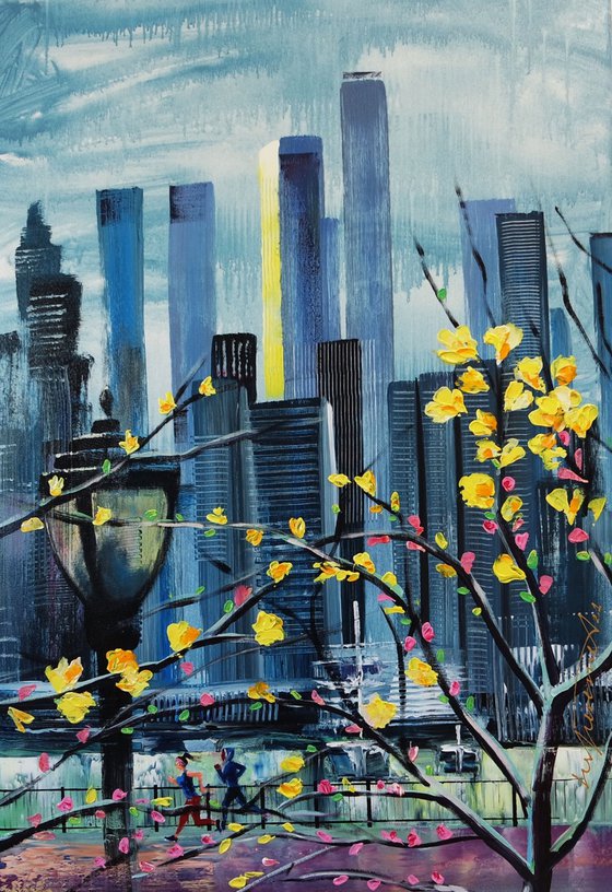 New York in Springtime Original Acrylic Painting, NYC Blooming, American City Blossoming, Blossoms Tree in New York Wall Art, Floral and Flowers in US City