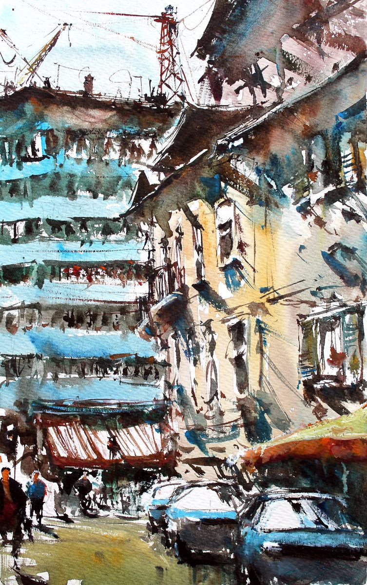 Impressionistic Cityscapes Watercolour By Maximo Damico, 9 X 14", Blue House, Original Artwork