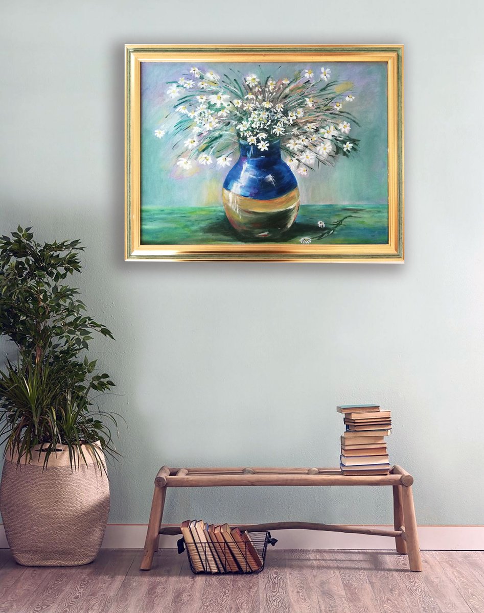 Expressive Still Life Oil Painting By Katia Ricci, 24 X 18", Daisies In A Jar, Original Artwork