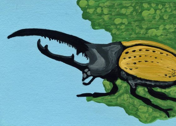 ACEO ATC Original Miniature Painting Insect Hercules Beetle Wildlife Bug Art-Carla Smale