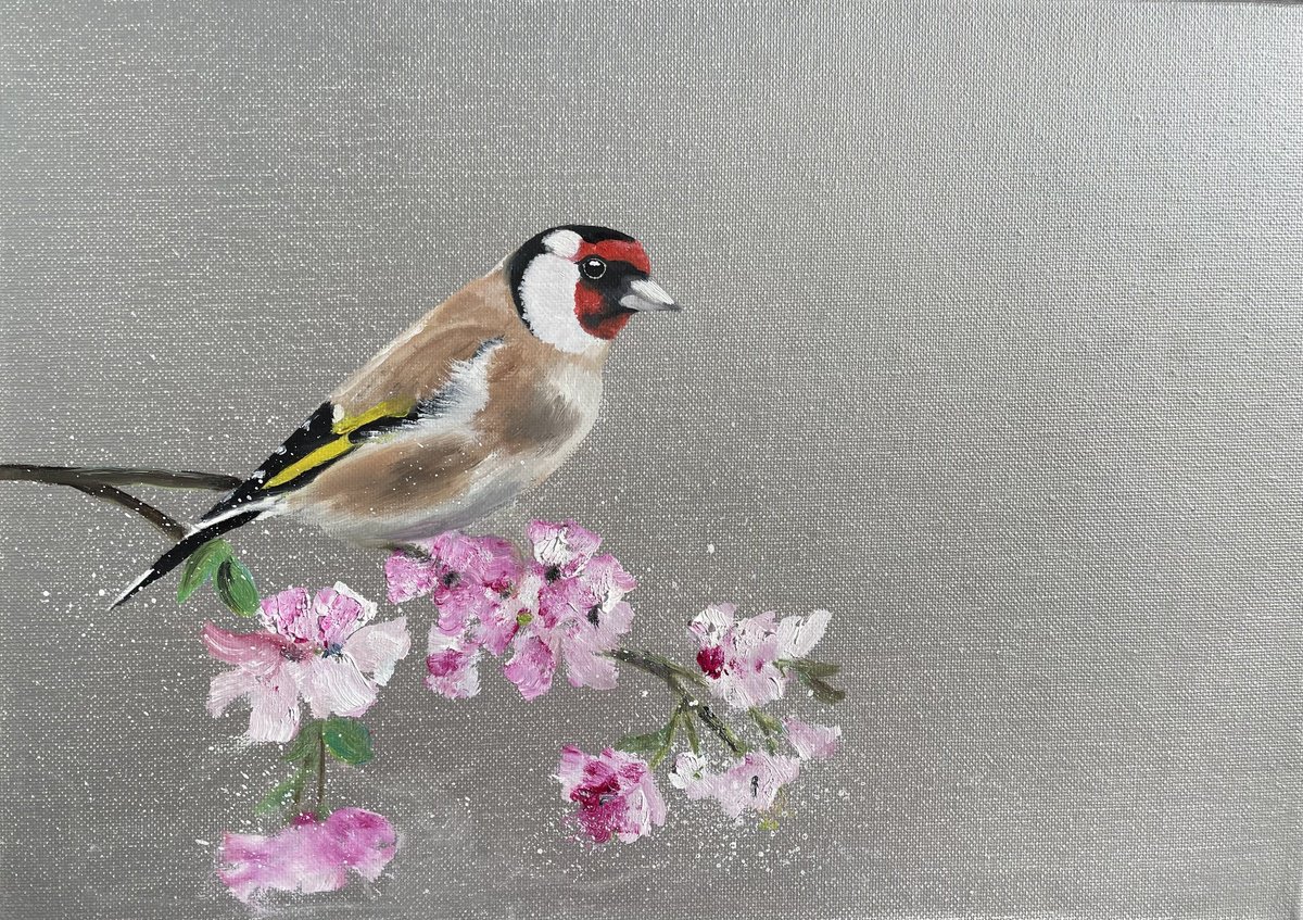 Impressionistic Animal Painting By Laure Bury, 14 X 10", Goldfinch On Cherry Blossom, Original Artwork