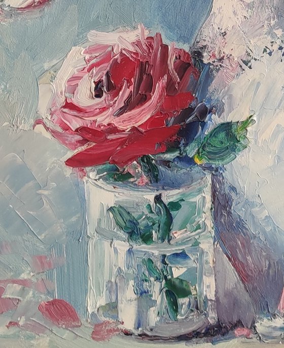 White roses (50x60cm, oil painting,  ready to hang)