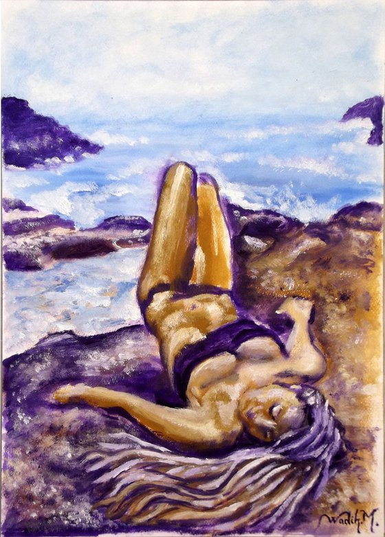 SEASIDE GIRL - SLEEPING AT THE SEASIDE - Oil painting (30x42cm)