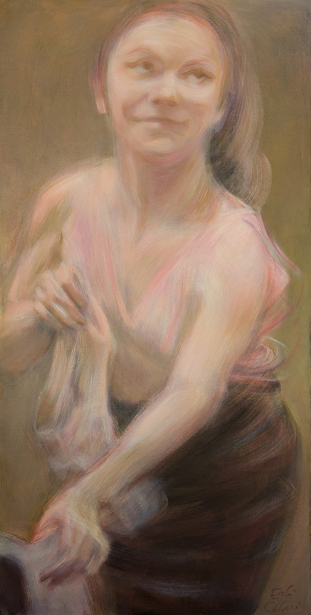 Expressive Portrait Oil Painting By Egle Colucci, 16 X 31, Plans For The Night, Original Artwork