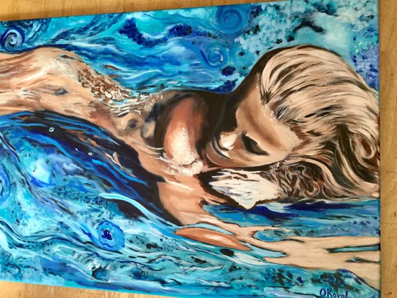 Song to the siren .Resting nude  in a blue water . Reflections on the water .