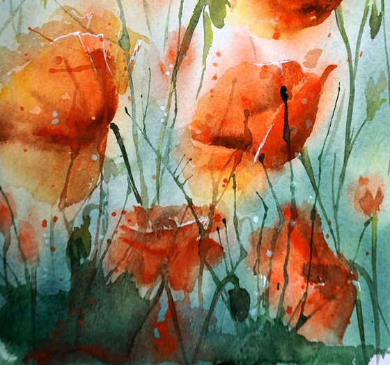 Red Poppy Flowers ORIGINAL Watercolor Painting - Impressionistic Art